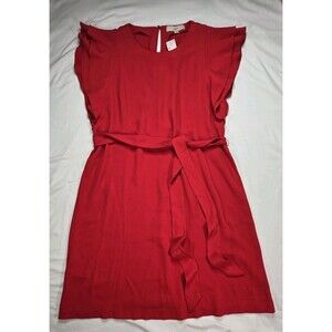 NWT LOFT Red Ruffle Sleeve Sheath Dress Belted Crepe Size M